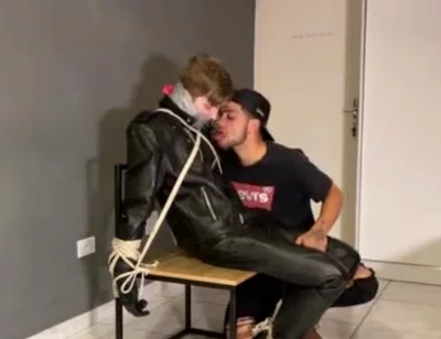 Bound leather boy cum load