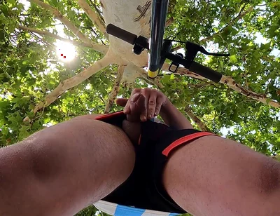 Bulging Young Man Moans with Pleasure in Park Jerking off a Summer Handjob