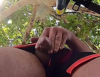 Bulging Young Man Moans with Pleasure in Park Jerking off a Summer Handjob