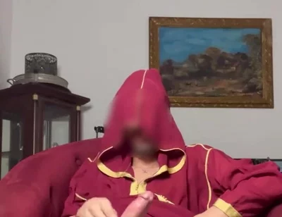Arab Guy Wearing Jellaba Showing off and Edging His Fat Muslim Dick Before Cumming