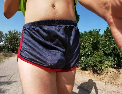 So Hot! Running with My Erect Cock Out Wearing Shiny See Thru Cock Sport Shorts