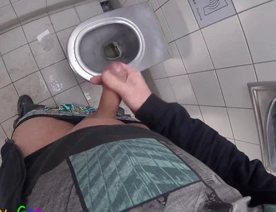 I Pee and Jerk off My Thick, Shaved Foreskin Cock Until I Cum a Large Load in a Motorway Toilet.