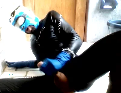 Blue Hornet in Spandex Catsuit Cums on Blue Latex Gloes and Mask