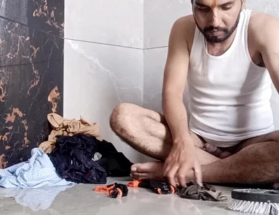 Desi young boy enjoy washing father's underwear
