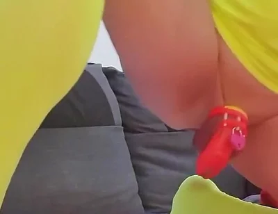 British Dilf Locked in Chastity and Anal Dildo Riding