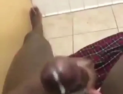 Stroking my big black cock in bathroom massive cumshot