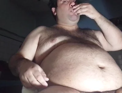 Fat Man Eats Like a Pig While Masturbating