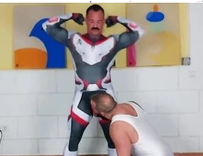 Muscle Daddy - Muscle Man Tries On Spandex Cosplay Suit With The Help Of His Muscle Stepdaddy