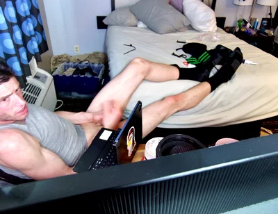 Jerk off with Feet on Bed with Socks Pulled to Calves as I Bust Grunting Hard in Chair