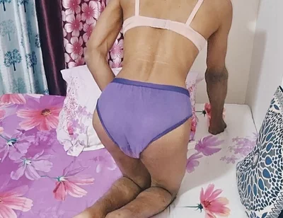 Horny Indian Teen Femboy Wearing His Stepmom's Cute Panties and Bra