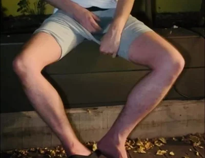Amateur Twink in Adilette Sandals Wets Himself in the Garden and Takes His Cock Out