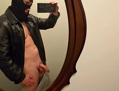 Mirror Leather Jerk off! Hot Stepdaddy Pumps Thick Cock & Shoots Big Load on His Shirt - Follow on X Phantomgentx