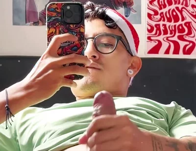 Sexy Guy with Glasses Masturbates in Front of the Mirror Until He Cums
