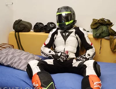 Leather biker cuming in gear