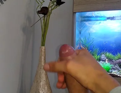 Hot Young Guy Wanks His Nice Big Cock Until He Cums Slowly in Front of the Aquarium