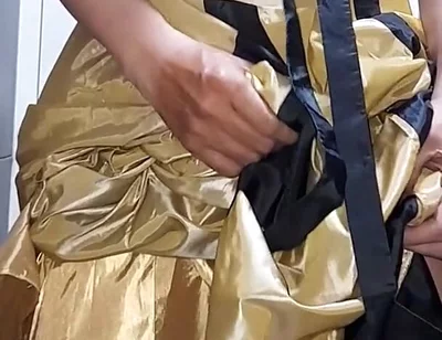 Gold Satin Silk Longdress Evening Gown Masturbation