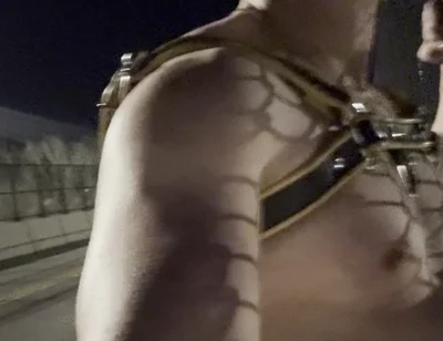 Midnight Muscle Tease: Asian Hunk Flexes Ass & Biceps in Yellow Harness on Highway Bridge