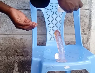 Big Black Ass Bottom Riding His Dildo Outside