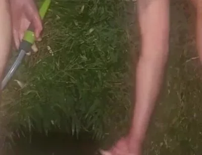 Clean Pressure Enema with Ass Lips and Pissing - Outdoor Garden Hose Anal