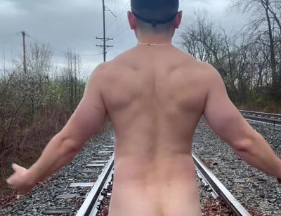 Rain-soaked Railroad Exhibition Muscular Asian Hunk Strips, Flexes, Cums Hard & Marks His Territory