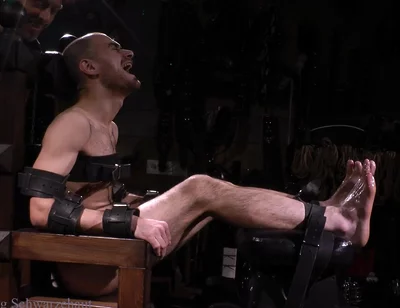 Confident Muscle on Throne: Oiled Feet Tickled with Epilator & Tools