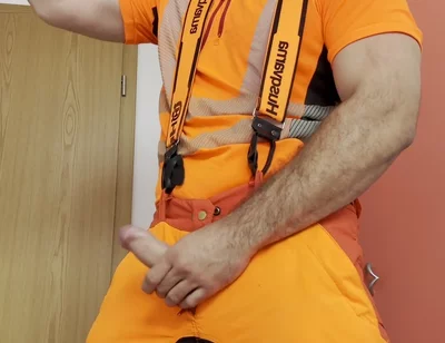 Lumberjack in Hivis Jerks His Huge Cock and Muscle Worship
