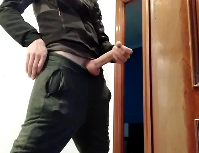 Handjob From Hot Amateur Guy with Big Cock, Shoots at the Door