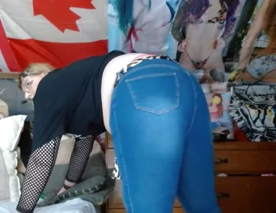 Fat Sissy with Tits Wearing and Stripping Out Them Tight Jeans