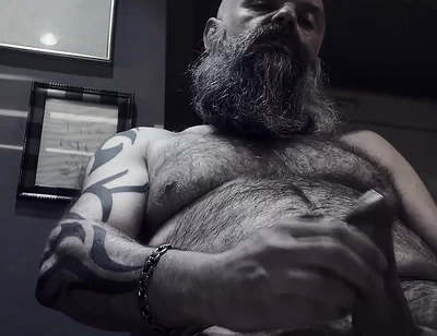 Bearded Stepdad Smoking and Shooting Cum