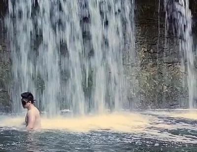 Muscular Asian Hunk Flexes in Speedo by Waterfall - Tight Ass & Hole Tease, Strips Naked & Explodes with Massive Cumshot