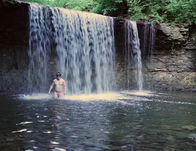 Muscular Asian Hunk Flexes in Speedo by Waterfall - Tight Ass & Hole Tease, Strips Naked & Explodes with Massive Cumshot