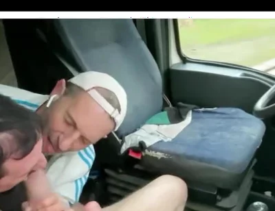 Three guys in a truck blowjob