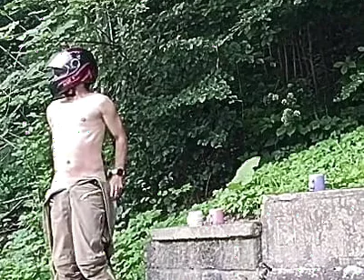 Jerking off in Public on the Road Near a Spring, Caught by a Young Man Masturbating Completely Naked