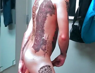 Fully Tatted Man Dildo Fucked
