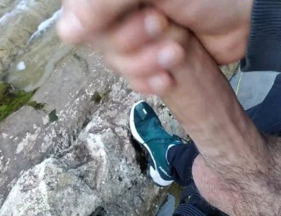 Handsome Gives Perfect Cumshot From Nice Big Hard Cock Spit in Front of River Waterfall