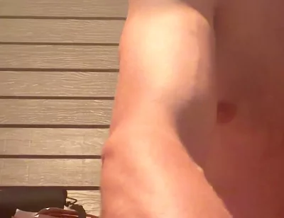 Sitting Down Naked, Showing the Biceps, Grown Man Chest Huge Bust Close