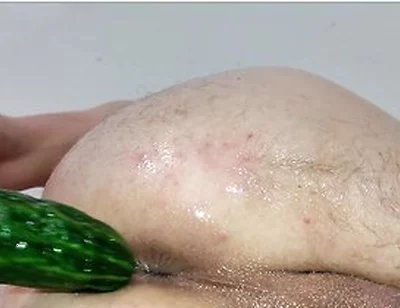 Close Up Cucumber Insertion With Massage Oil And Precum As Lube
