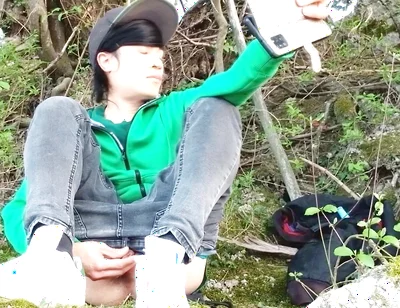 Risky Masturbation Outdoors a Man's Voice Caught This Cute Gay Twink with His Balls Hanging Out, Jerking off His Uncut Foreskin