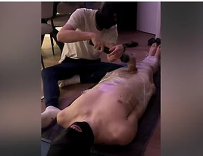 Submissive Cute Boy Wrapped, Milked First Time