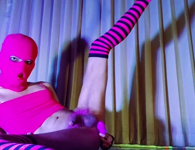 Pink Balaclava Mask Sissy Dyed Pubic Hair Play with a Vibrator