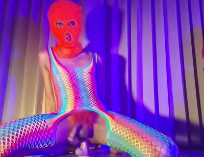 Orange Balaclava Mask Sissy Trans Dyed Pubic Hair Fuck Myself with Dildo