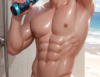 Soft Kawaii Boy in Beach Shower with Pastel Pink Hair