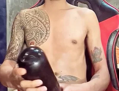 Pinoy Horny Inked Twink Playing with His Masturbator Toy