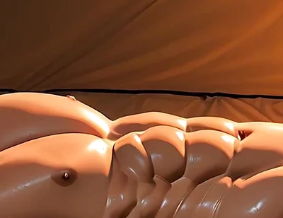 Roided Asian Hunk Lying in Luxury Tent Under Stars at Sunrise