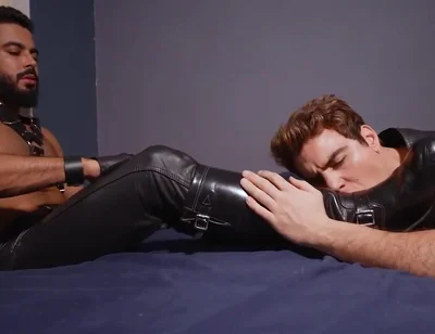 Leather master boots and feet licking cum load