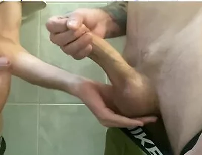 Two Young Guys Jerk Off Thick Cocks And Cum On Each Other - Uncut Cocks