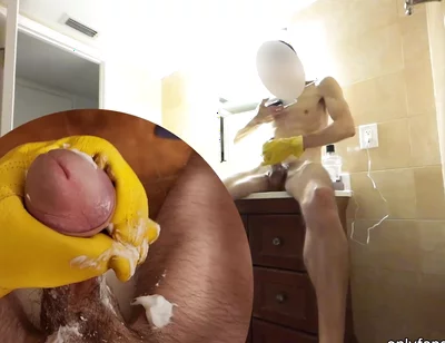 Muscular Slim Body Guy Hard Jerking off Uncut Huge Cock by Yellow Leather Glove