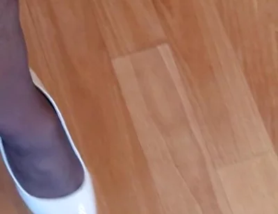 Walking in My High White Shiny Stilettos